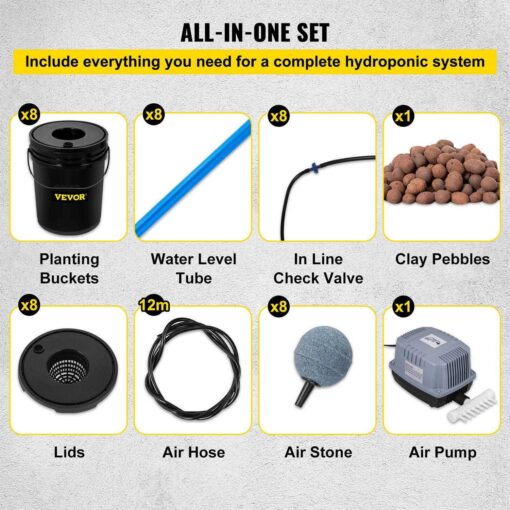 VEVOR DWC Hydroponic System 5 Gallon 4-8 Buckets Deep Water Culture Growing Bucket Hydroponics Grow Kit - Image 2