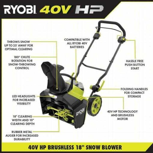 RYOBI 40V HP Brushless 18 in. Single-Stage Cordless Electric Snow Blower - Image 3