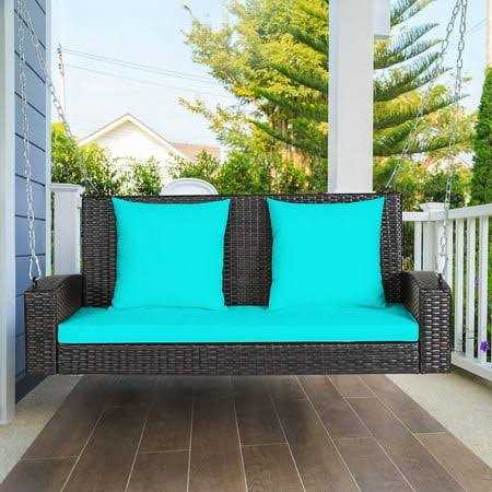 Costway 2-Person Patio Rattan Hanging Porch Swing Bench Chair Cushion - Image 2