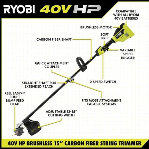 RYOBI 40V HP Brushless Cordless Carbon Fiber Shaft Attachment String Trimmer 4.0 Ah Battery Charger - Image 3