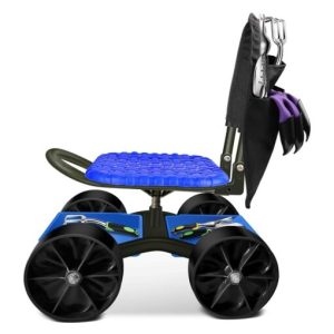 iCOVER Garden Cart Rolling Stool with Four Wheels and Tool Bag, Stable Workseat Sturdy Cart Adjustable Seat Height and Direction