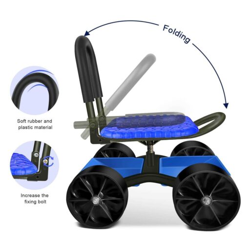 iCOVER Garden Cart Rolling Stool with Four Wheels and Tool Bag, Stable Workseat Sturdy Cart Adjustable Seat Height and Direction - Image 2