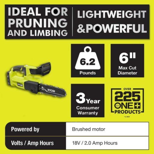 RYOBI One+ 18V 8 in. Battery Pruning Chainsaw with 2.0 Ah Battery and Charger - Image 3