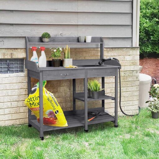 Yaheetech Outdoor Potting Bench Table Potters Benches Garden Work Bench Station Workstation with Drawer/Adjustable Shelf Rack/removable Sink/hooks/pad - Image 4