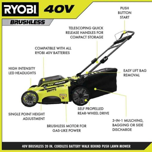 Ryobi 20 in. 40-Volt Brushless Cordless Lithium-Ion Battery Walk Behind Push Lawn Mower 6.0 Ah Battery/Charger Included - Image 4