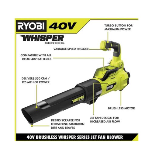 RYOBI 40V Brushless 125 MPH 550 CFM Cordless Battery Whisper Series Jet Fan Blower - Image 5