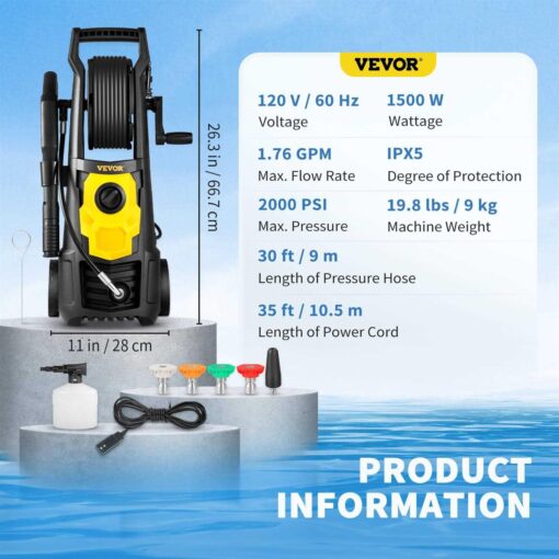 VEVOR Electric Pressure Washer 2000 PSI Max. 1.76 GPM Power Washer with 30 ft Hose & Reel - Image 4