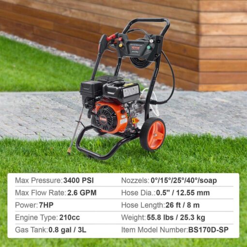 VEVOR Gas Pressure Washer, 3400 Psi 2.6 Gpm, Gas Powered Pressure Washer with Aluminum Pump, Spray Gun and Extension Wand - Image 5