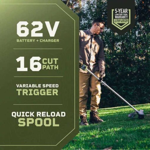 Green Machine 62V Cordless String Trimmer Brushless motor and Auto-Wind spool Battery and Charger - Image 2