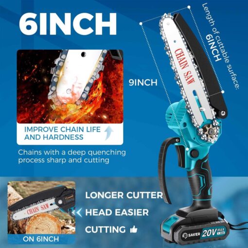 Saker 6 Inch Mini Chainsaw Handheld Pruning Chainsaw Electric Cordless Chainsaw for Tree Branches - Image 3