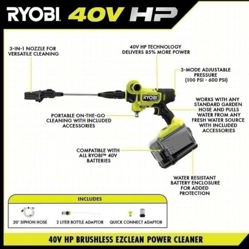 RYOBI 40-Volt HP Brushless EZClean 600 PSI 0.7 GPM Cold Water Power Cleaner with 2.0 Ah Battery and Charger - Image 5