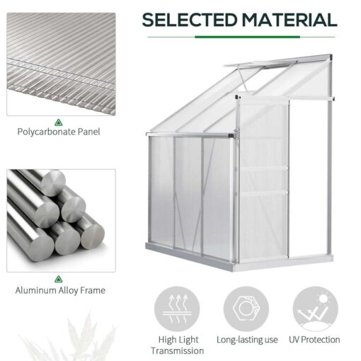 Outsunny 6' x 4' Aluminum Lean-to Greenhouse Polycarbonate Walk-in Garden Greenhouse with Adjustable Roof Vent, Rain Gutter and Sliding Door - Image 2