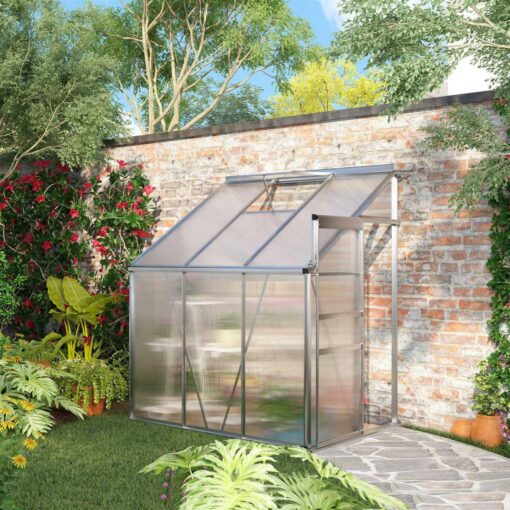 Outsunny 6' x 4' Aluminum Lean-to Greenhouse Polycarbonate Walk-in Garden Greenhouse with Adjustable Roof Vent, Rain Gutter and Sliding Door - Image 3