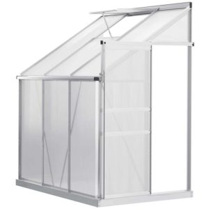 Outsunny 6' x 4' Aluminum Lean-to Greenhouse Polycarbonate Walk-in Garden Greenhouse with Adjustable Roof Vent, Rain Gutter and Sliding Door