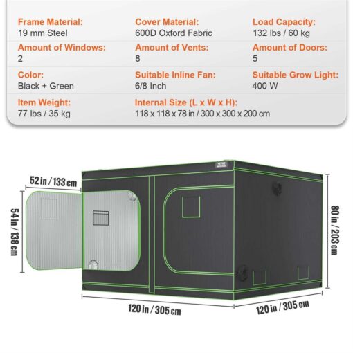 VEVOR Grow Tent High Reflective 2000D Mylar Hydroponic Growing Tent with Observation Window, Tool Bag and Floor Tray - Image 4