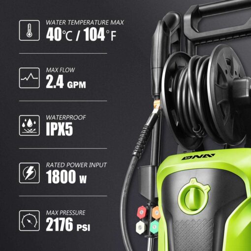 DNA Motoring Tools-00232 Up to 2176 PSI Pressure 2.4 GPM Max Flow Electric Pressure Washer for Yard and Car Cleaning with Spray Nozzle Foam Bottle + - Image 3