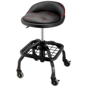 Powerbuilt 330-LBS Padded Rolling Shop Seat with Lumbar Support – 240338
