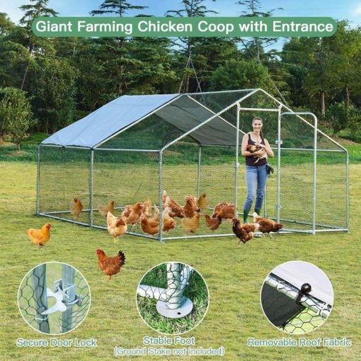 10' x 13' x 6.5' Galvanized Metal Large Walk-in Chicken Coop Cage Runs Hen House with Cover & Lockable Door - Image 5