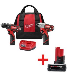 Milwaukee 2494-22B M12 12V Cordless Lithium-Ion Drill and Impact Driver Combo Kit with BONUS M12 XC 12V 3.0 Ah Lithium-Ion Battery Pack