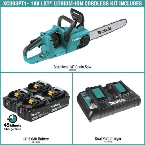 Makita 18V X2 (36V) LXT Lithium-Ion Brushless Cordless 14-in Chain Saw Kit with 4 Batteries (5.0Ah) - XCU03PT1 - Image 2