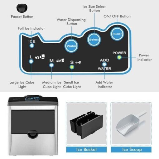 48LBS/24H 2-in-1 Stainless Steel Countertop Ice Maker Machine with Chilled Water Dispenser & 5LBS Ice Storage Basket - Image 9