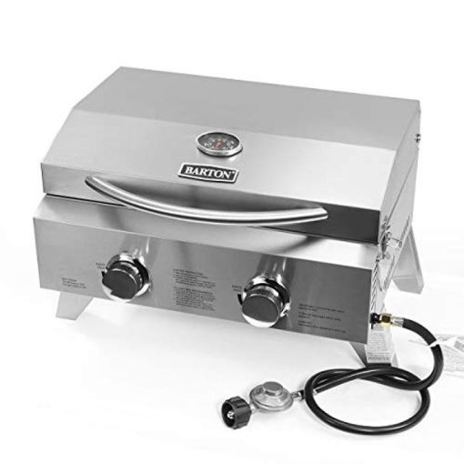 Barton Two-Burner Propane Tabletop Gas Grill Stainless Steel BBQ with Foldable Leg, 20000 BTU, Stainless Steel