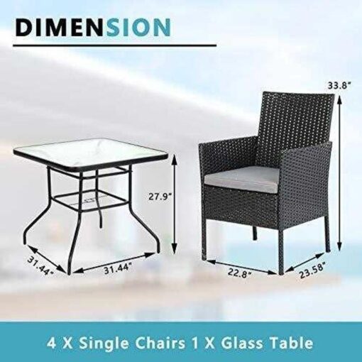 5 Piece Wicker Patio Dining Set, Outdoor Rattan Table and Chairs Sets for 4, Tempered Glass Top with Umbrella Hole Great for Deck Garden Yard Balcony, Black - Image 3