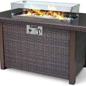BLUBERY 44§ Propane Fire Pit Table, 50,000 BTU PE Rattan Gas Fire Pit with Black Tempered Glass Tabletop, Glass Wind Guard, Auto-Ignition, White Glass Stone, ETL CERT