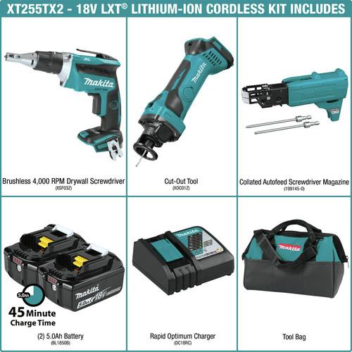 Makita 18V LXT 5 Ah Lithium-Ion Screwdriver – Cut-Out Tool Combo Kit with Collated Autofeed Screwdriver Magazine - XT255TX2 - Image 2