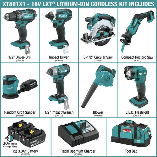 Makita 18V LXT Cordless Lithium-Ion 8-Piece Combo Kit (3 Ah) - XT801X1 - Image 2