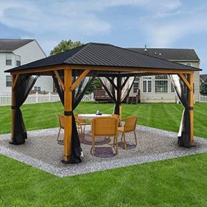 AsterOutdoor 12 Ft. W x 14 Ft. D Outdoor Cedar Wood Hardtop Patio Gazebo with Metal Roof and Insect Netting