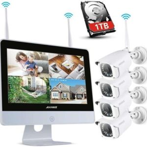 1080P Wireless System, 4CH FHD Wi-Fi NVR Video Surveillance System with 12”LCD Monitor, Automatic Screen Saver, 4X 1080P Outdoor IP Camera with IR Night Vision, 1TB Hard Drive Included