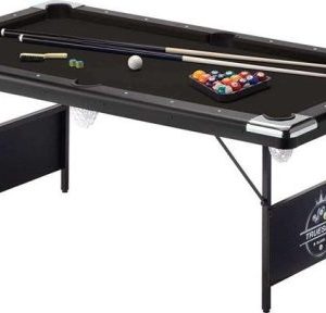 Fat Cat Trueshot 6* Pool Table with Folding Legs for Easy Storage, Included Pool Cues and Billiard Ball, and Deep Black Playing Cloth