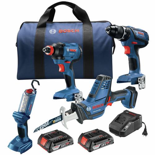 Bosch 18V 4-Tool Combo Kit with 1-2 In. Drill-Driver, 1-4 In and 1-2 In. Impact Driver, Reciprocating Saw and LED Worklight - GXL18V-496B22