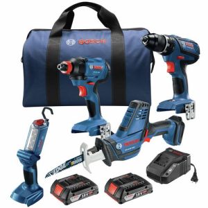 Bosch 18V 4-Tool Combo Kit with 1-2 In. Drill-Driver, 1-4 In and 1-2 In. Impact Driver, Reciprocating Saw and LED Worklight - GXL18V-496B22