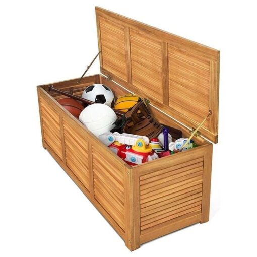 47 Gallon Acacia Wood Deck Box in Teak Oil, Large Outdoor Storage Box, Deck Storage Bench for Patio - Image 2