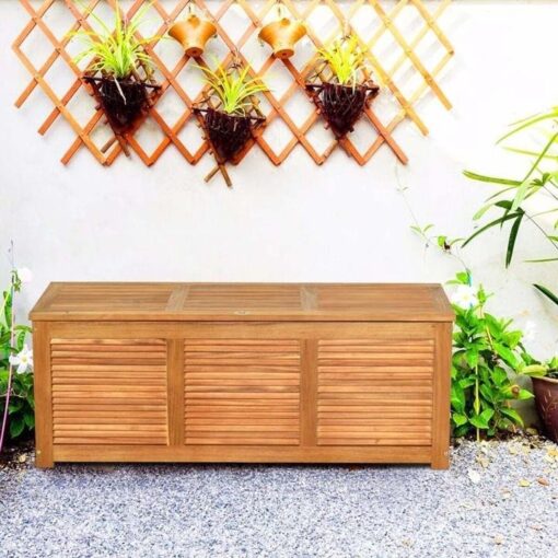 47 Gallon Acacia Wood Deck Box in Teak Oil, Large Outdoor Storage Box, Deck Storage Bench for Patio - Image 6