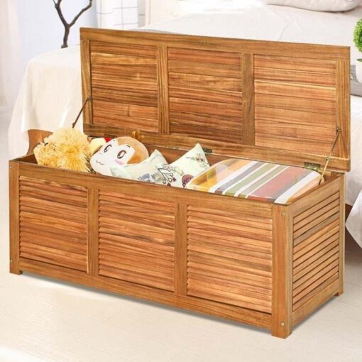 47 Gallon Acacia Wood Deck Box in Teak Oil, Large Outdoor Storage Box, Deck Storage Bench for Patio - Image 9