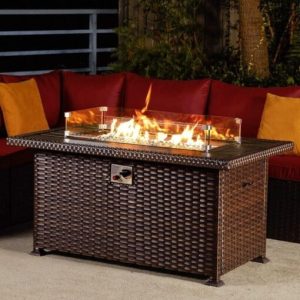 50" Propane Gas Fire Pit Table 50000 BTU Auto-Ignition with Windguard, Glass Stone, Brown
