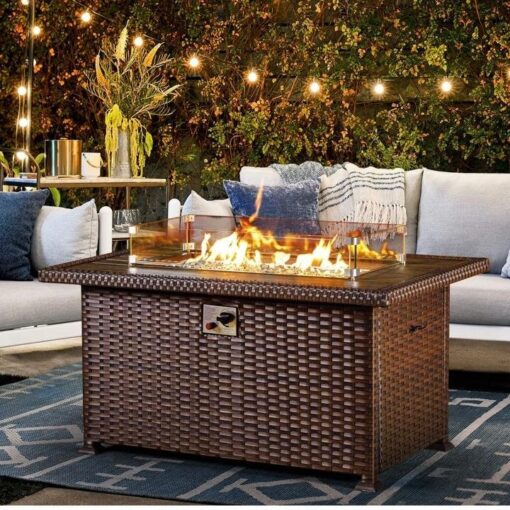 50" Propane Gas Fire Pit Table 50000 BTU Auto-Ignition with Windguard, Glass Stone, Brown - Image 2