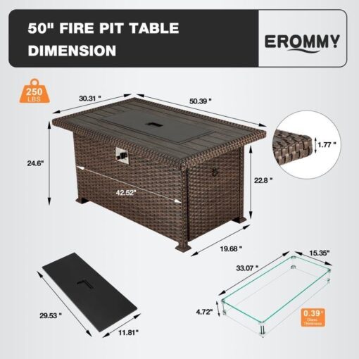 50" Propane Gas Fire Pit Table 50000 BTU Auto-Ignition with Windguard, Glass Stone, Brown - Image 3