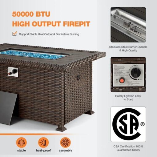 50" Propane Gas Fire Pit Table 50000 BTU Auto-Ignition with Windguard, Glass Stone, Brown - Image 4