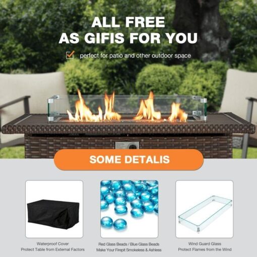 50" Propane Gas Fire Pit Table 50000 BTU Auto-Ignition with Windguard, Glass Stone, Brown - Image 5