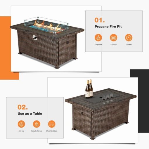 50" Propane Gas Fire Pit Table 50000 BTU Auto-Ignition with Windguard, Glass Stone, Brown - Image 6