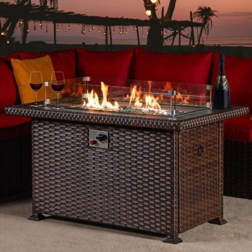 50" Propane Gas Fire Pit Table 50000 BTU Auto-Ignition with Windguard, Glass Stone, Brown - Image 12