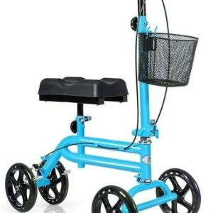 Double Steel Tube Walking Aids Scooter with Shopping Basket, Dual Brake Medical Steerable Folding Knee Walker, Turning Brake Knee Bike, Great for Injury Sportman Leg Surgery, Blue