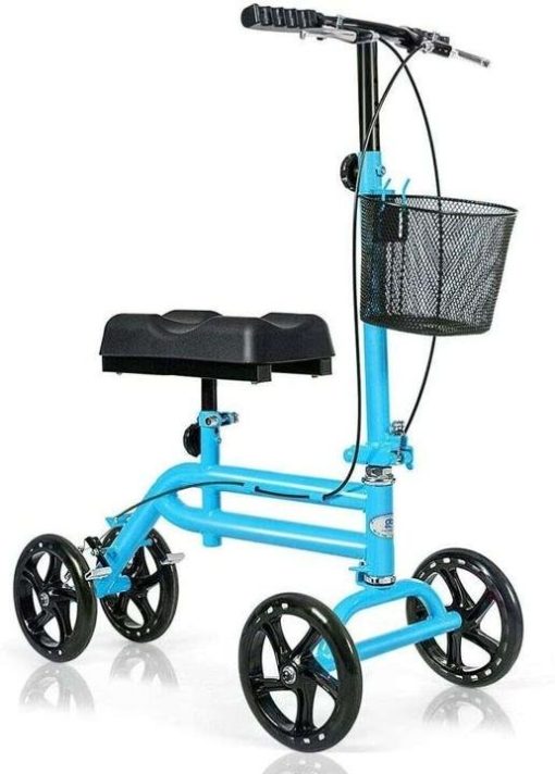 Double Steel Tube Walking Aids Scooter with Shopping Basket, Dual Brake Medical Steerable Folding Knee Walker, Turning Brake Knee Bike, Great for Injury Sportman Leg Surgery, Blue