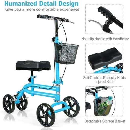 Double Steel Tube Walking Aids Scooter with Shopping Basket, Dual Brake Medical Steerable Folding Knee Walker, Turning Brake Knee Bike, Great for Injury Sportman Leg Surgery, Blue - Image 2