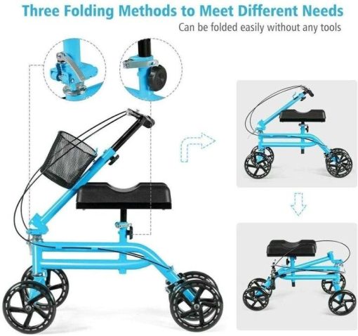 Double Steel Tube Walking Aids Scooter with Shopping Basket, Dual Brake Medical Steerable Folding Knee Walker, Turning Brake Knee Bike, Great for Injury Sportman Leg Surgery, Blue - Image 3