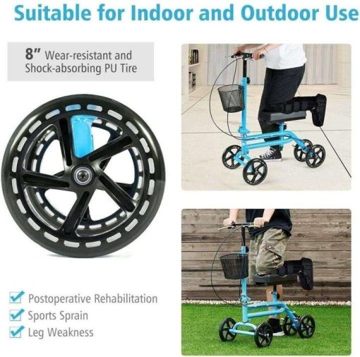 Double Steel Tube Walking Aids Scooter with Shopping Basket, Dual Brake Medical Steerable Folding Knee Walker, Turning Brake Knee Bike, Great for Injury Sportman Leg Surgery, Blue - Image 4